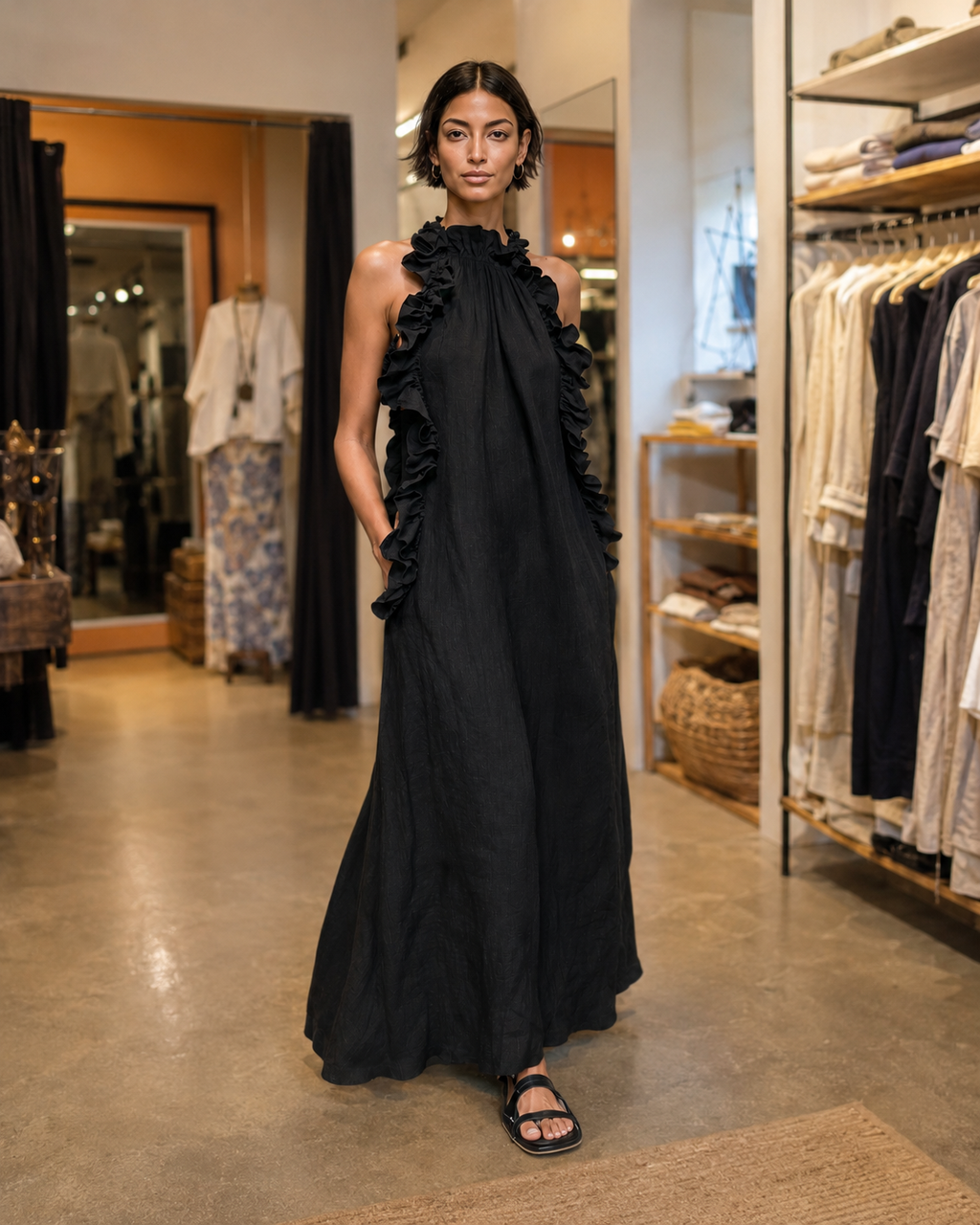 Helene | Vestido largo sin mangas de lino con volantes