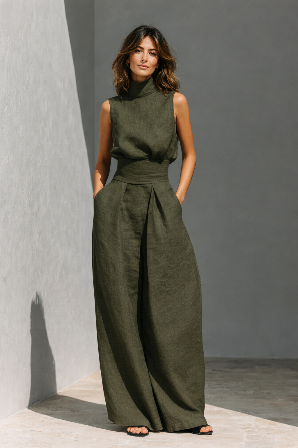 María - Conjunto de camiseta sin mangas y pantalones anchos de algodón y lino, de estilo minimalista, para mujer