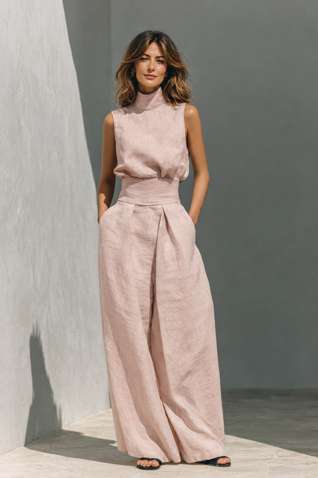María - Conjunto de camiseta sin mangas y pantalones anchos de algodón y lino, de estilo minimalista, para mujer