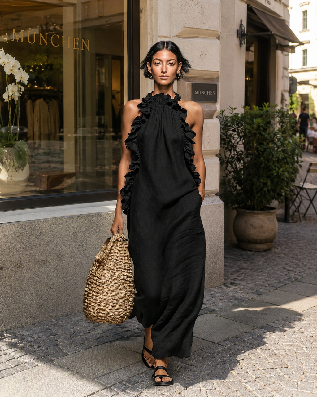 Helene | Vestido largo sin mangas de lino con volantes