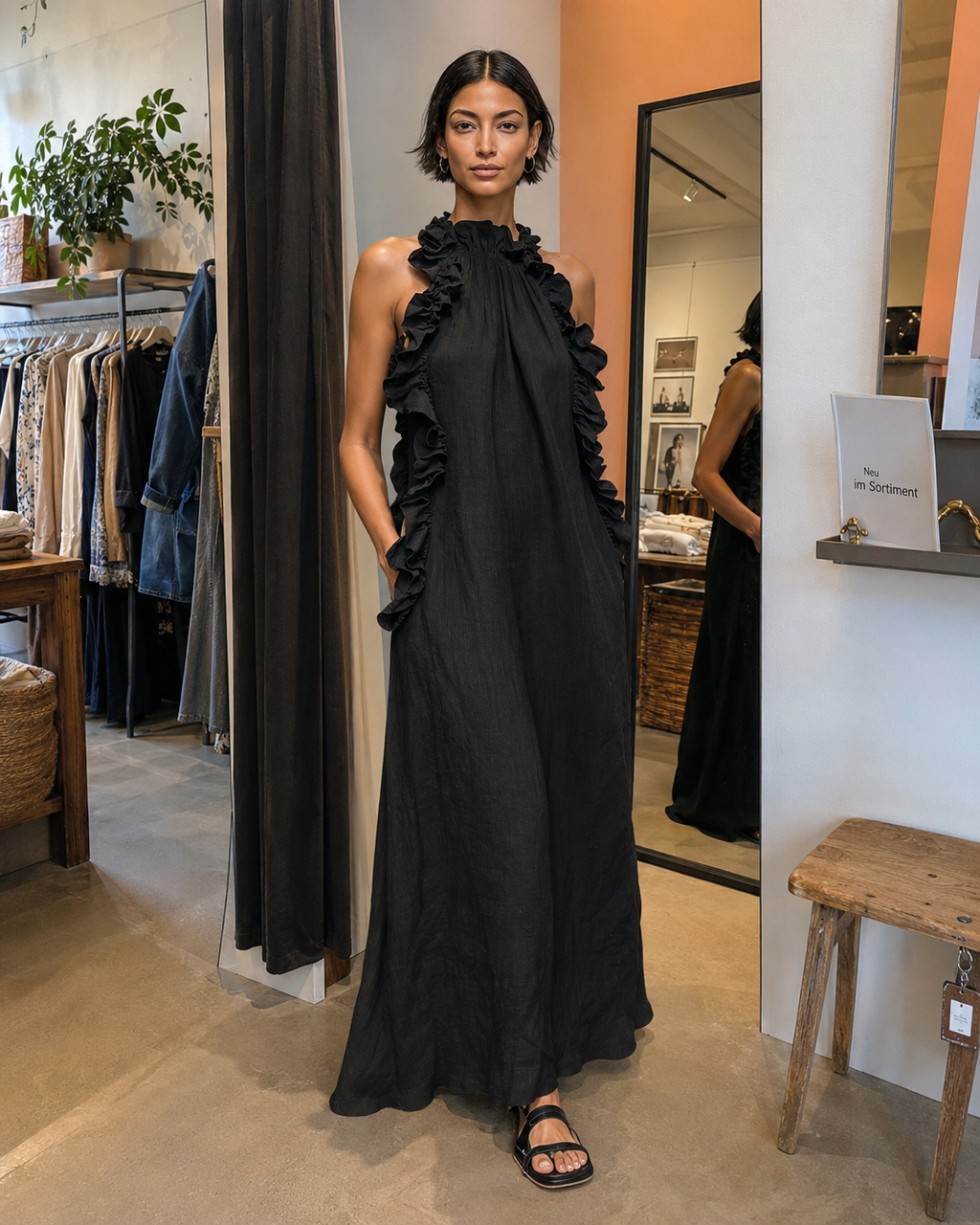 Helene | Vestido largo sin mangas de lino con volantes