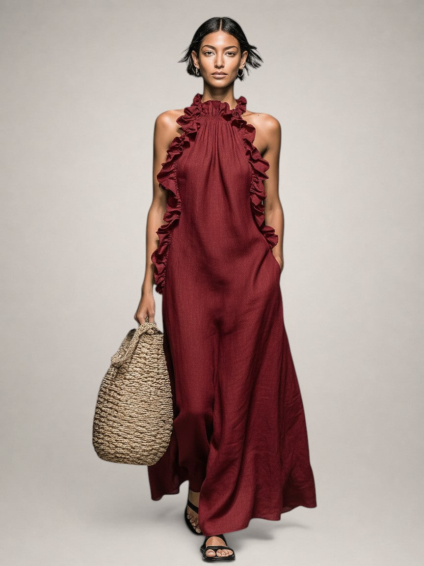 Helene | Vestido largo sin mangas de lino con volantes