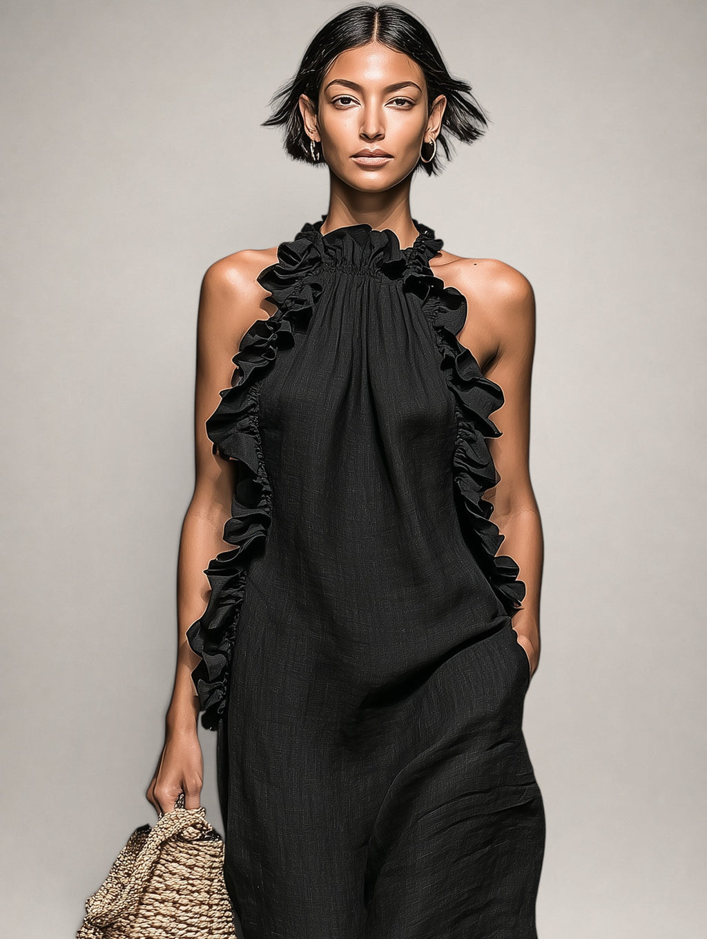 Helene | Vestido largo sin mangas de lino con volantes