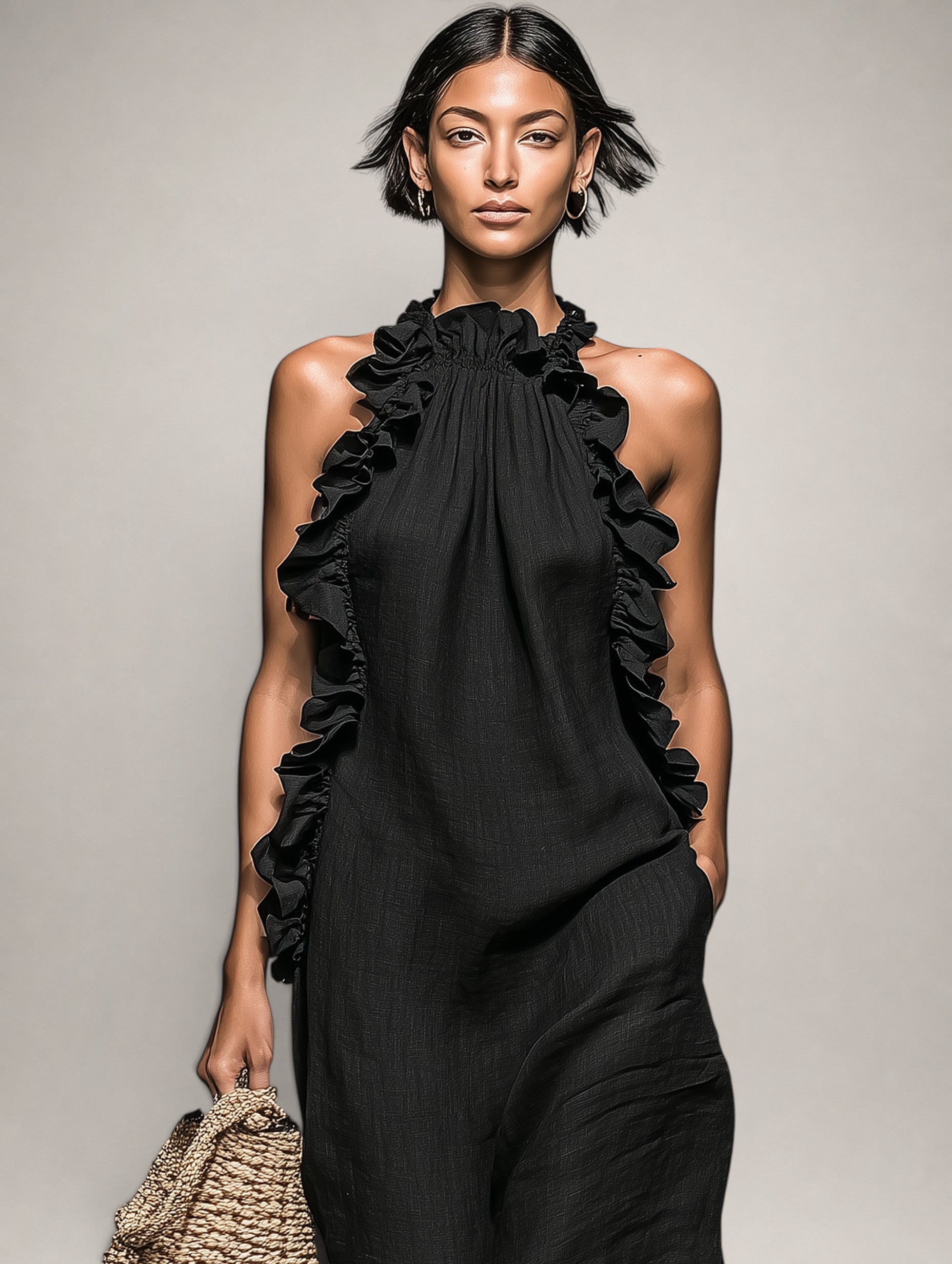 Helene | Vestido largo sin mangas de lino con volantes